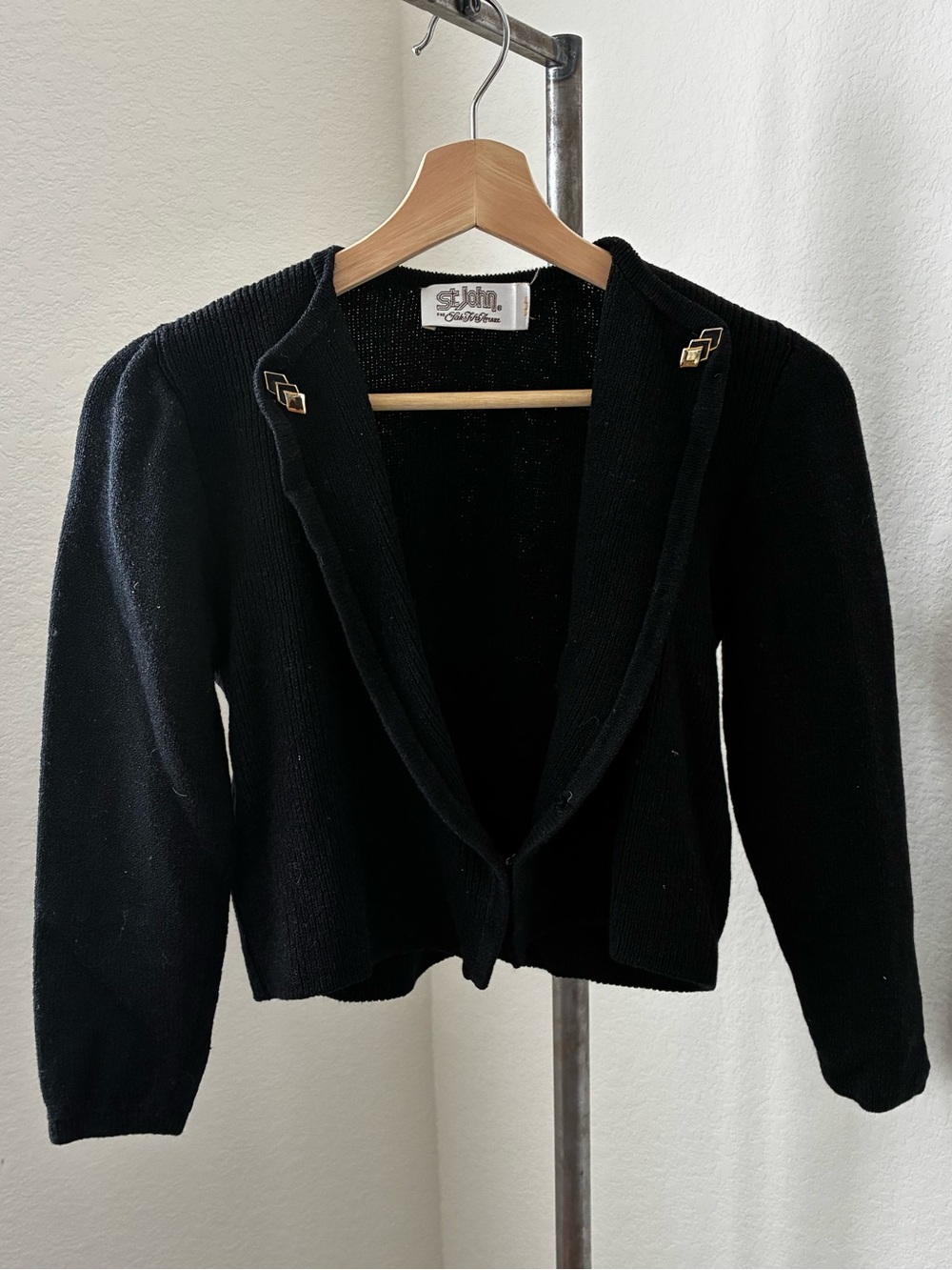 Vintage xxs 80s St. John for Saks Fifth Avenue Black Cropped Sweater Gold Accent
